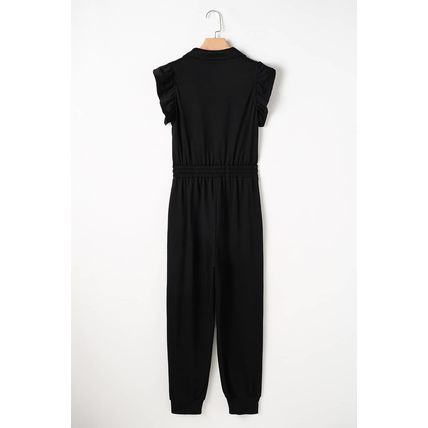 Black Zipper Flutter Sleeve Drawstring High Waist Jumpsuit