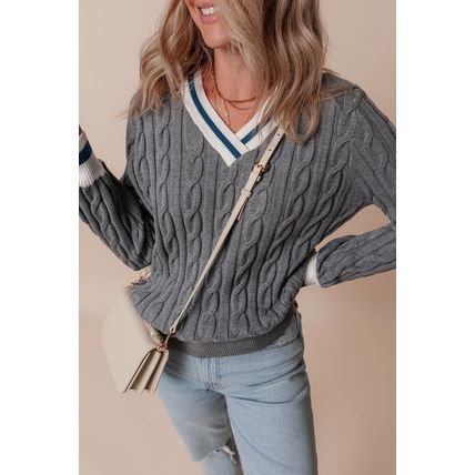 Medium Grey Color Contrast Ribbed Edge Cable Knit V Neck Sweater