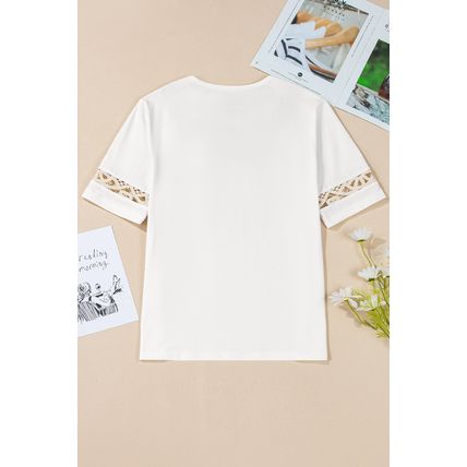 White Lace Crochet Crew Neck Casual T Shirt
