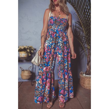 Pink Floral Smocked Bust Spaghetti Straps Wide Leg Jumpsuit