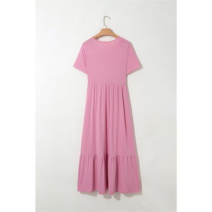 Pink Solid Color T-shirt High Waist Pocketed Long Dress