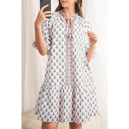 Pink Floral Print Bubble Sleeve Neck Tie Ruffled Dress