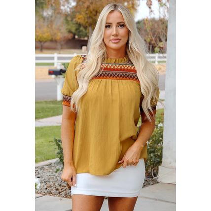Mustard Geometric Short Puff Sleeve Frilled Collar Blouse