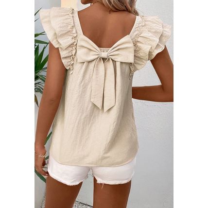 Beige Textured Bow Knot Frilled Butterfly Sleeve Blouse