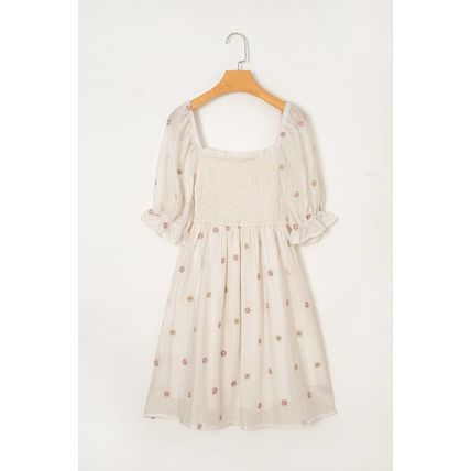 Beige Embroidered Flower Smocked Bust Half Puff Sleeve Empire Waist Textured Flo
