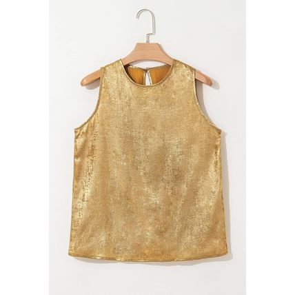 Gold Metal Textured Round Neck Casual Tank Top
