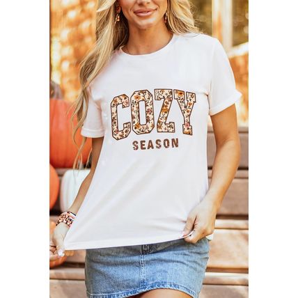 White COZY SEASON Floral Cracking Letter Graphic Tee
