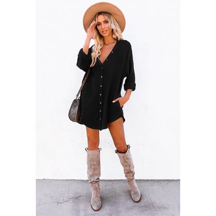 Black Corduroy Shirt Style Full Button Long Sleeve Shift Mini Dress