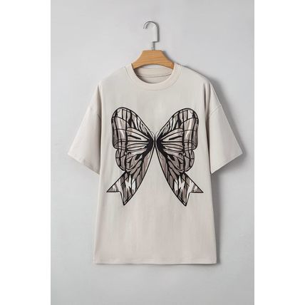 Casual Oversize Big Bow Printed Drop Shoulder Tunic Casual Tee
