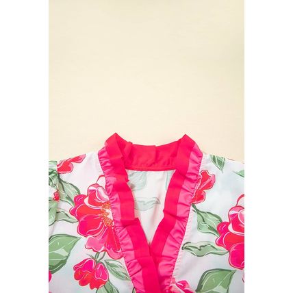 Rose Floral Frilled V Neck Short Sleeve Blouse Top