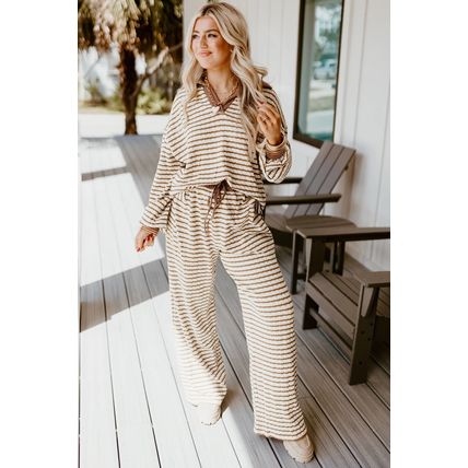 Khaki Stripe Collared Pullover Top and Drawstring Pant Set