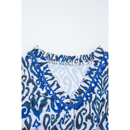 Blue Bohemian Print Embroidered V Neckline Detail Long Sleeve Shirt