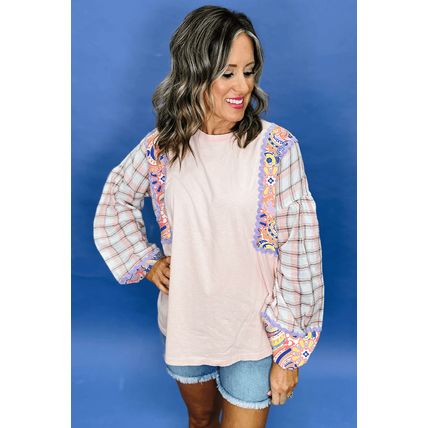 Delicacy Ricrac Trim Floral Plaid Patchwork Puff Sleeve Blouse
