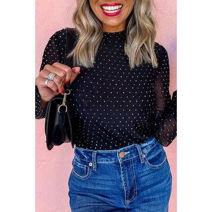 Black Rhinestone Embellished Mesh Long Sleeve Top