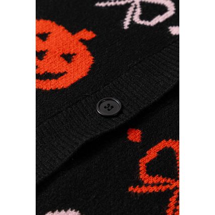 Black Halloween Pumpkin Bow Knit Button V Neck Sweater Cardigan