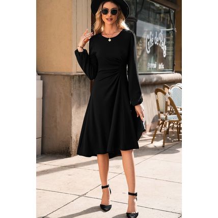Black Solid Color Ruched Detail Long Sleeve Midi Dress