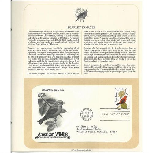AMERICAN WILDLIFE ' OFFICIAL FIRST DAY of ISSUE ' SCARLET TANAGER (1987)
