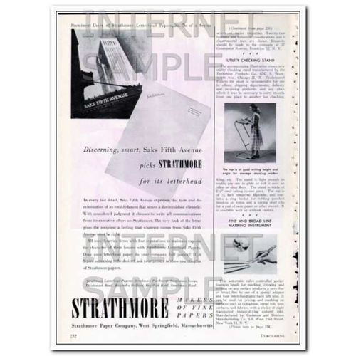 STRATHMORE PAPER COMPANY 1948 Saks Fifth Avenue letterhead vintage ad