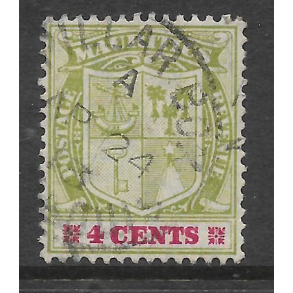 MAURITIUS 1910 COAT OF ARMS 4c PALE YELLOW GREEN & CARMINE SG 184 FINE USED