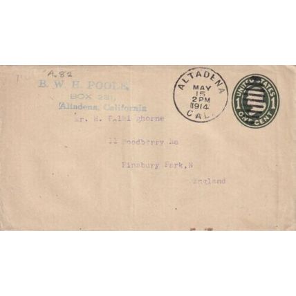 United States 1914 Altadena CAL-Finsbury Park London UK Cover Altadena cancel