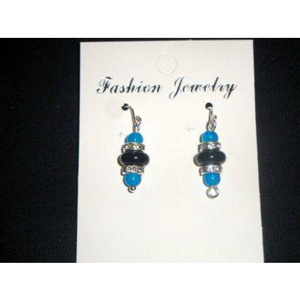 Blue & black glass earrings petite adult or child sterling silver hook
