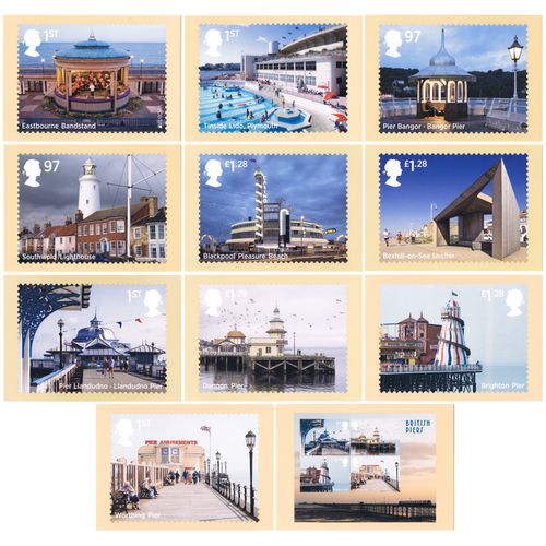 Great Britain SG 3635/40 & MS3641 PHQ: Seaside Architecture, postcards.