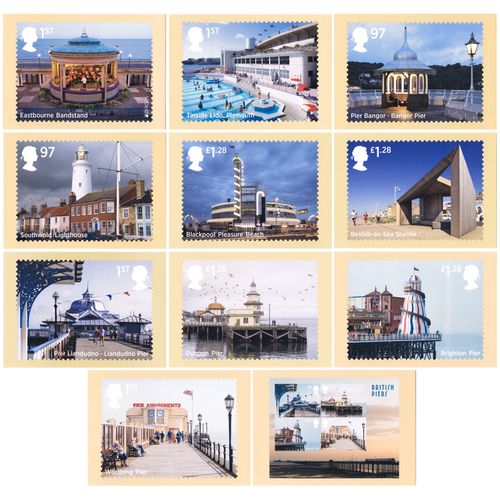 Great Britain SG 3635/40 & MS3641 PHQ: Seaside Architecture, postcards.