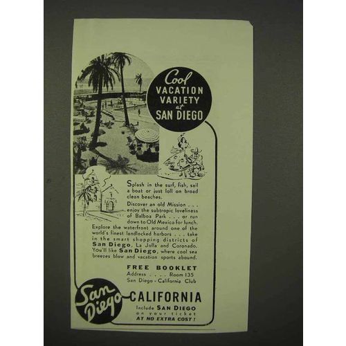 1938 San Diego California Ad - Cool Vacation Variety