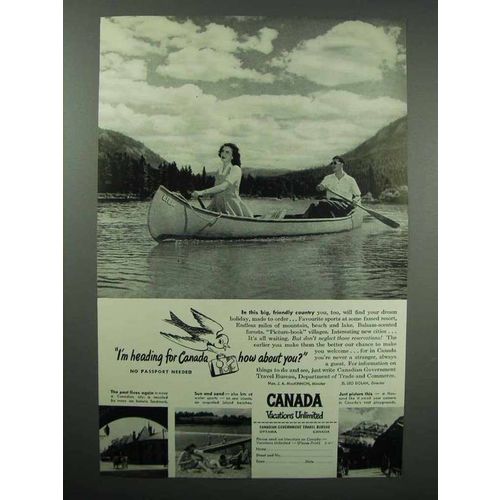 1947 Canada Tourism Ad - I'm Heading For Canada