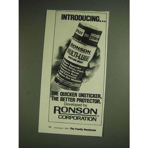 1984 Ronson Multi-Lube Spray Ad - Introducing the quicker unsticker