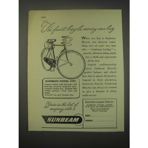 1949 Sunbeam Model SW3 Bicycle Ad - The finest bicycle money can buy