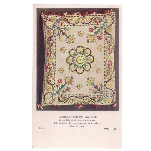 EMBROIDERED PILLOW CASE Crete c. 1700 unused postcard Victoria & Albert Museum =