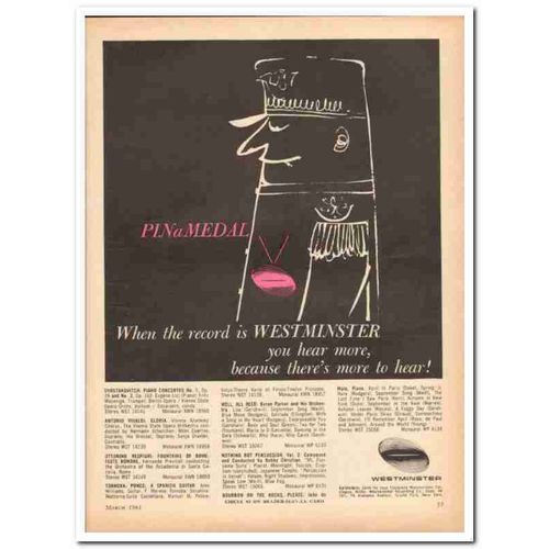 WESTMINSTER RECORDING COMPANY 1961 Medal hear more music vintage ad