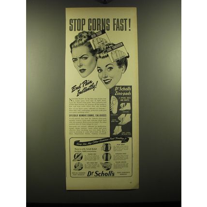 1948 Dr. Scholl's Zino-Pads Ad - Stop Corns fast!