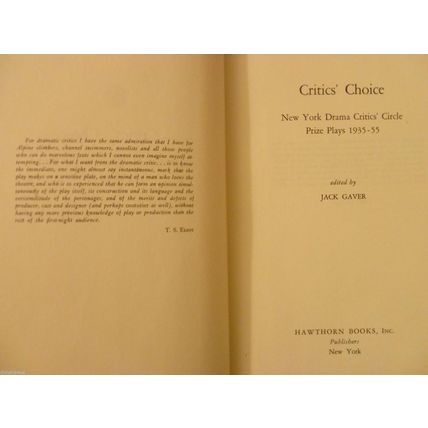 CRITICS CHOICE NEW YORK DRAMA CRITICS CIRCLE PRIZE PLAYS 1935-55 JACK GAVER ed