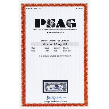 C10, Mint NH XF/Superb 10¢ With PSAG Graded 95 Certificate - Stuart Katz