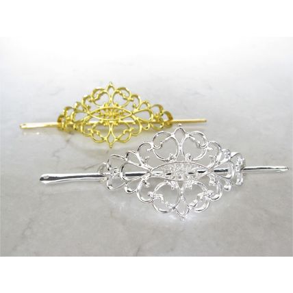 Small gold or silver filigree metal hair slide stick clip barrette