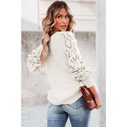 White Hollow-out Puffy Sleeve Knit Sweater