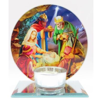 Nativity Scene Tea Light Holder Round Glass 12.5 Christmas Gift Holiday Home