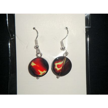Single blended red & yellow crystal glass faceted twisted disc unique earrings