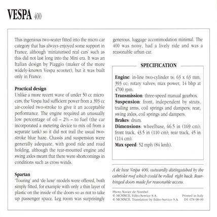 Collectors Club card. Classic Cars. Vespa 400