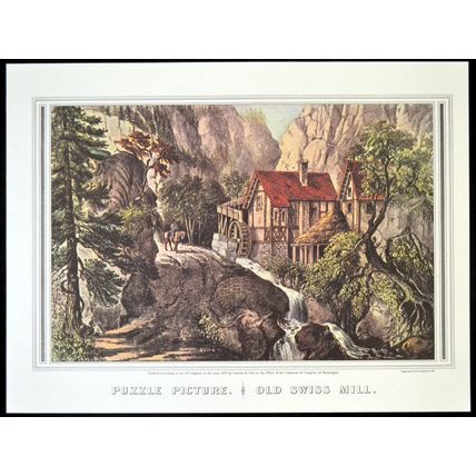 PUZZLE PICTURE. OLD SWISS MILL 1952 Nathaniel Currier - James Merritt Ives PRINT