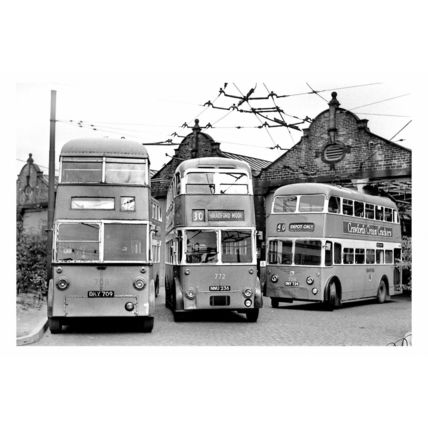 pu0572 - Bradford Trolleybuses 709 , 772 , 724 at Thornbury Dep.- print 6x4