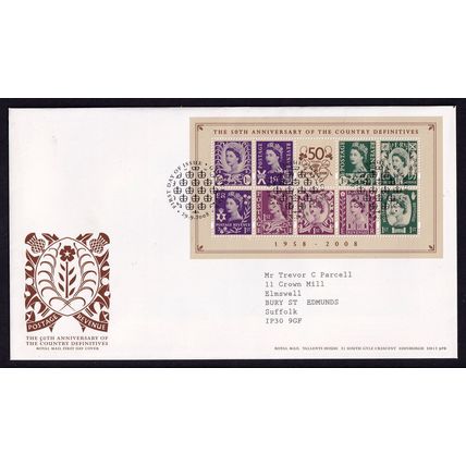 Great Britain QEII 2008 FDC Country Definitives 50th Anniversary Mini Sheet