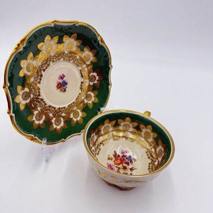 Antique Schwarzenhammer Bavaria Porcelain Gold Trim tea cup & saucer Green