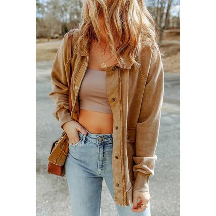 Khaki Vintage Washed Flap Pocket Button Shacket