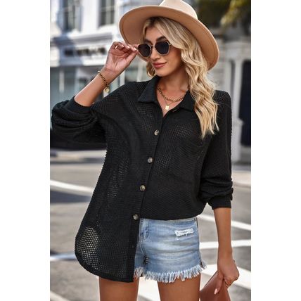 Black Waffle Knit Button Up Casual Shirt