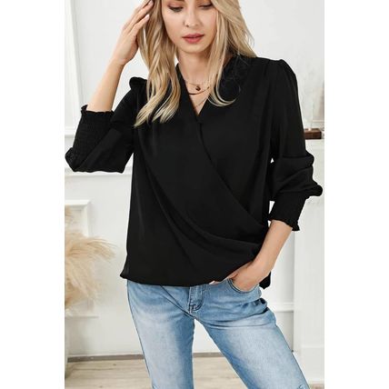Black Solid Surplice Neck Shirred Cuffs Draped Blouse