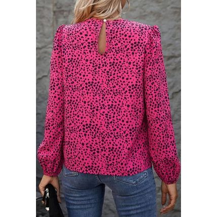 Rose Leopard Print Pleated Blouse with Keyhole