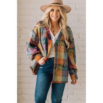 Multicolor Brushed Checked Western Buttoned Jacket
